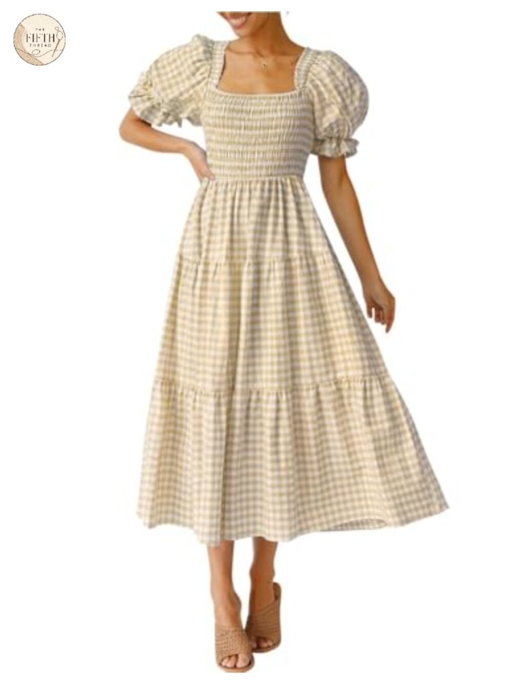 Boho Gingham Puff Sleeve Square Neck Midi Dress